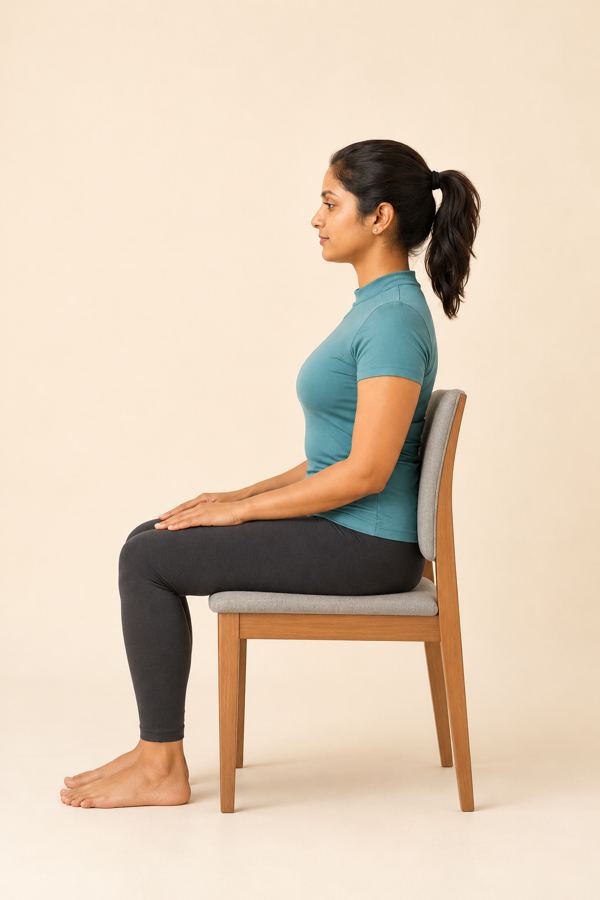 A woman sitting tall on a wooden chair, ready to begin